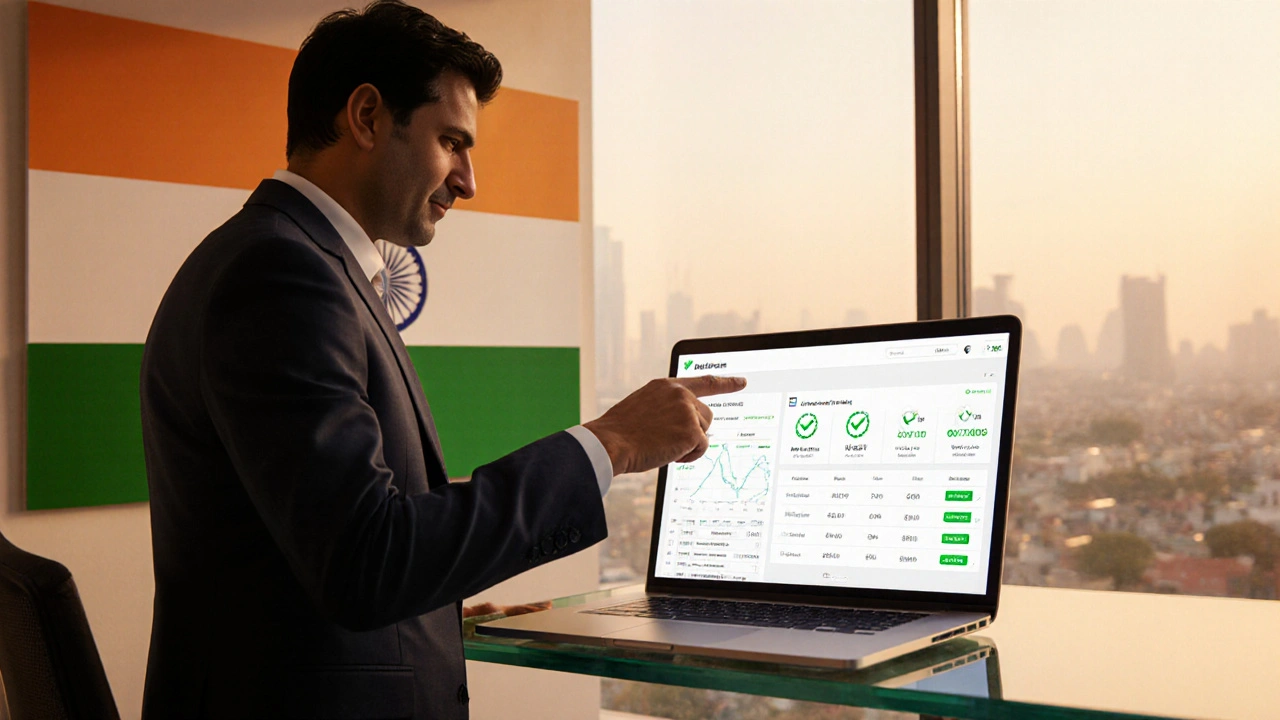 भारतीय स्टार्ट‑अप में CEO UPI‑क्रिप्टो भुगतान डैशबोर्ड दिखाते हुए, आशावादी माहौल।
