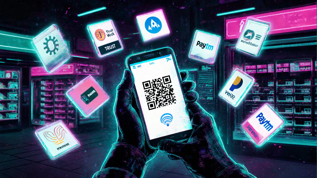 स्मार्टफ़ोन से QR कोड और NFC‑सिंक के साथ डिजिटल वॉलेट आइकन, रिटेल चेक‑आउट दृश्य।