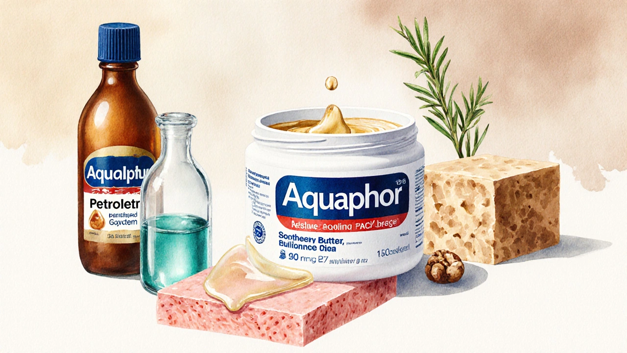 Aquaphor के पाँच मुख्य घटकों – पेट्रोलियम, पैंथेनॉल, ग्लिसरीन, शीया बटर और रोज़मेरी तेल – को प्रतीकात्मक वस्तुओं में दर्शाया गया।