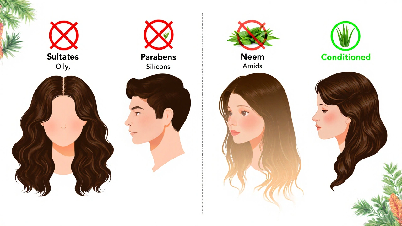 चार प्रकार के बाल और उनके लिए अच्छे व खराब घटकों की तुलना दिखाता चित्र।