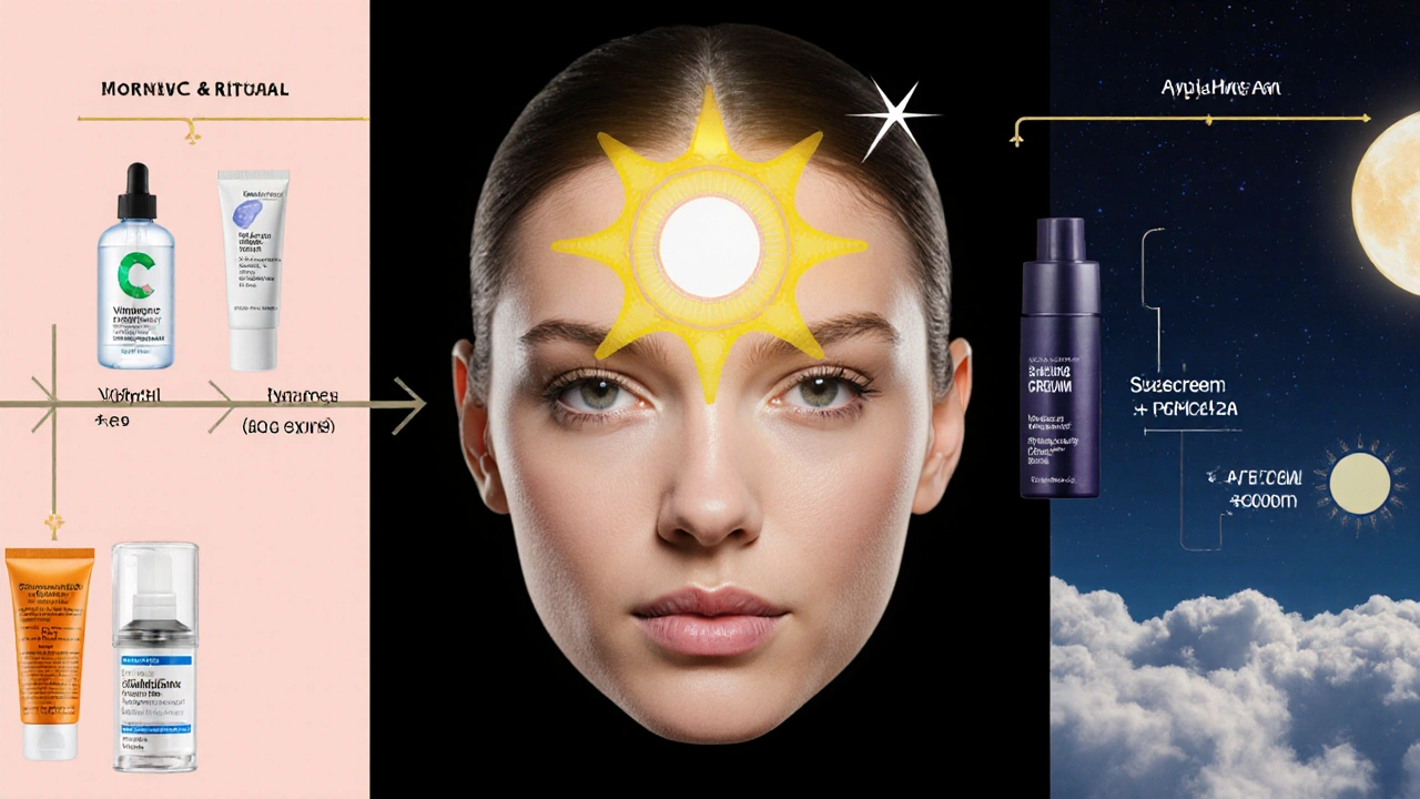 दिन की सुबह और रात की स्किनकेयर रूटीन का दृश्य, सनस्क्रीन द्वारा यूवी किरणों का बचाव।