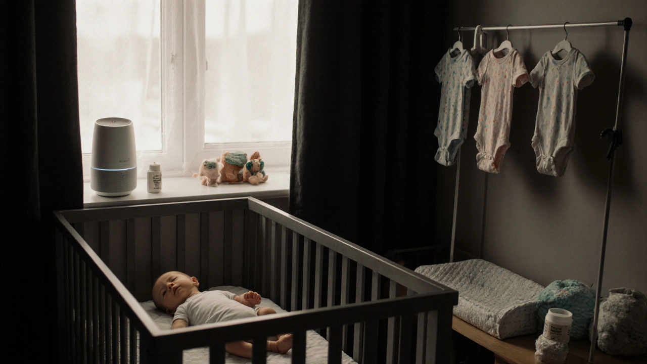 एक अंधेरा और शांत कमरे में बच्चा सो रहा है, डायपर बदलने की सामग्री और शोर मशीन दिखाई दे रही है।
