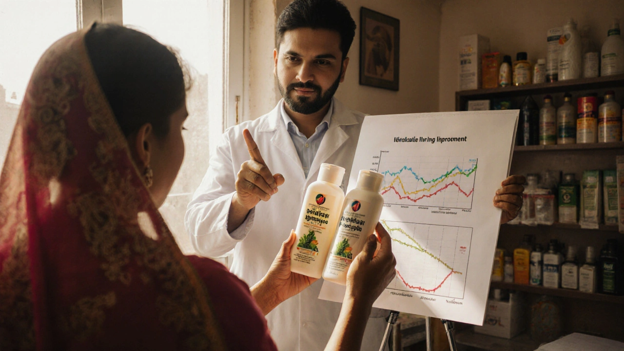 एक डर्मेटोलॉजिस्ट क्लिनिक में दो शैम्पू बोतलें दिखाते हुए, मरीज के साथ।