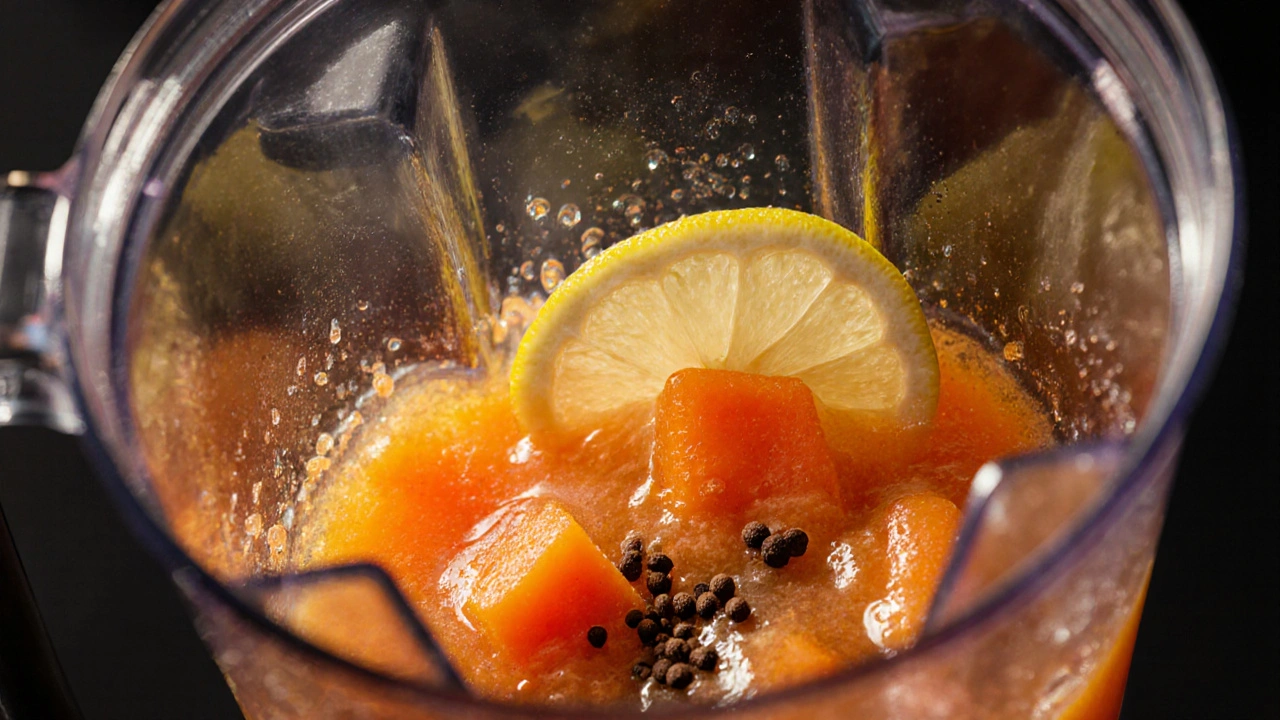 गाढ़े नारंगी रंग की गाजर जूस का क्लोज‑अप, काली मिर्च और नींबू के साथ