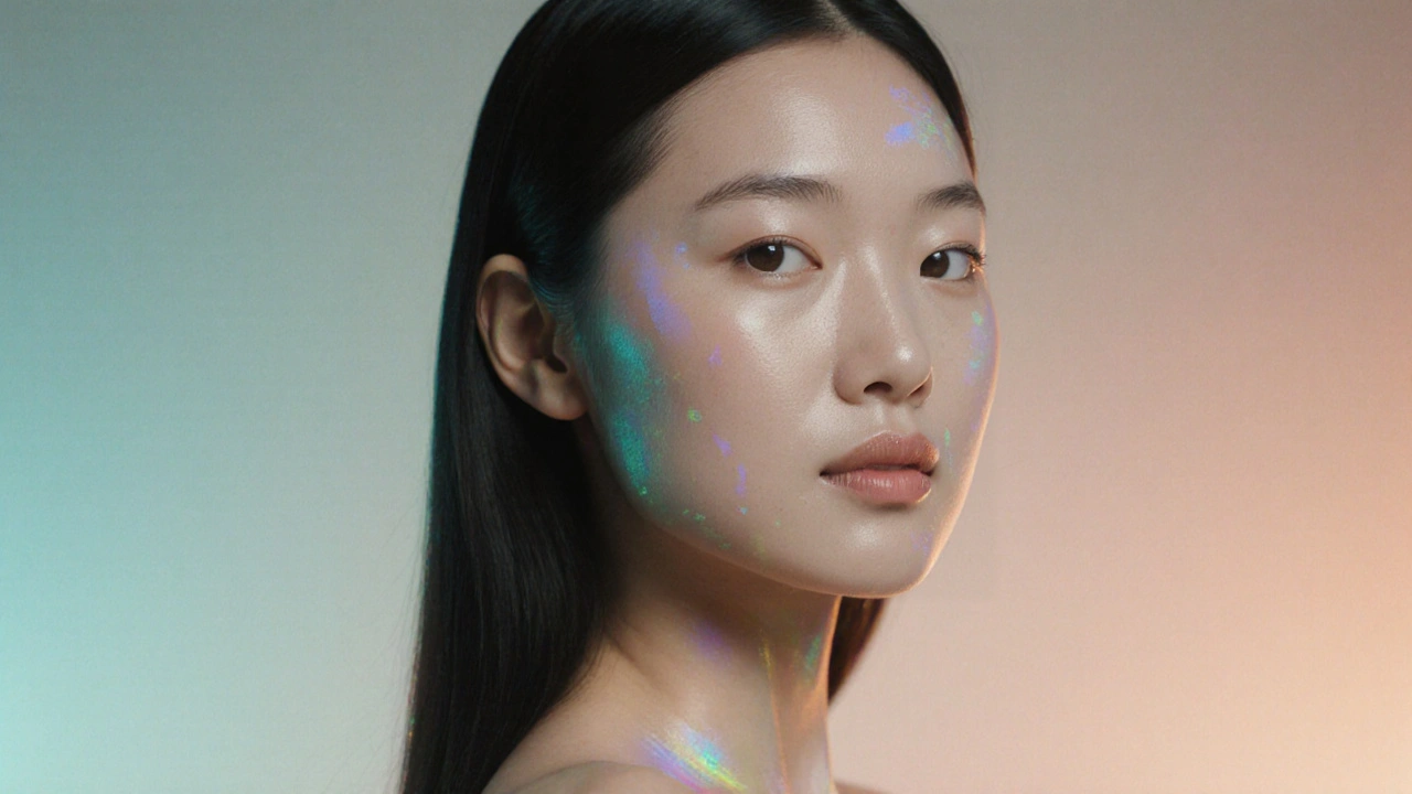 ग्लास जैसी चमक वाली महिला का क्लोज‑अप पोर्ट्रेट, हल्की रोशनी में।