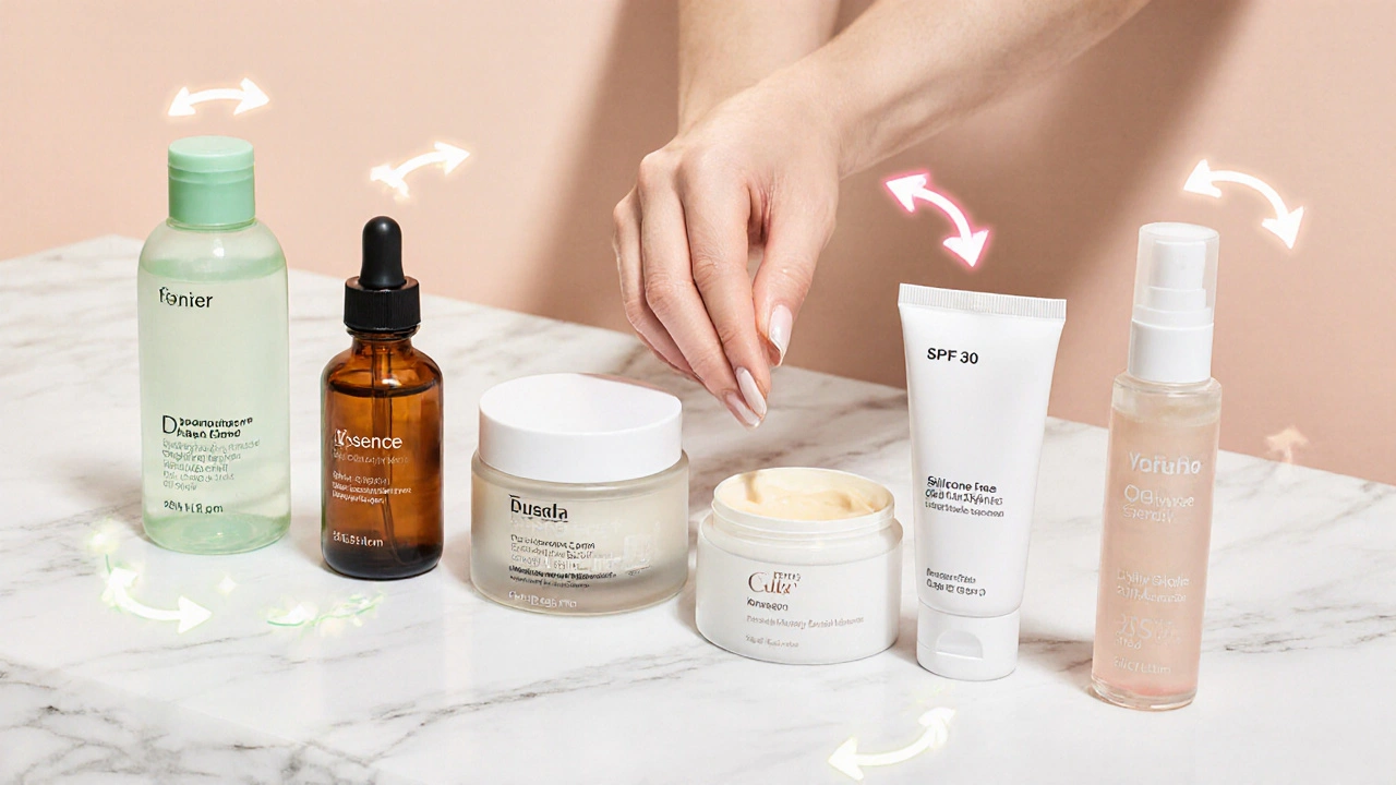 काउंटर पर टोनर, एसेन्स, सीरम, मॉइश्चराइज़र, क्रीम, सन्स्क्रीन की लेयरिंग दिखती है।