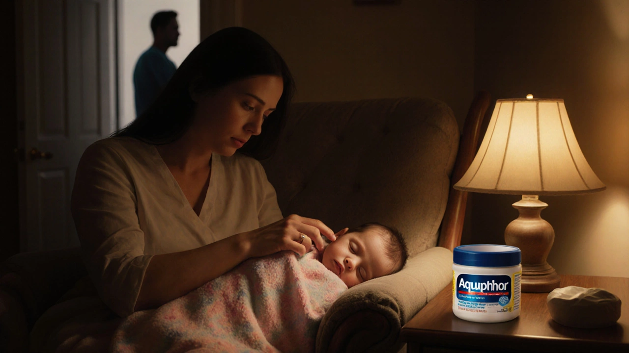 माँ अपने शांत शिशु पर Aquaphor लगाते हुए, पेडियाट्रिशन की देखरेख में, सुखद रात्री माहौल।