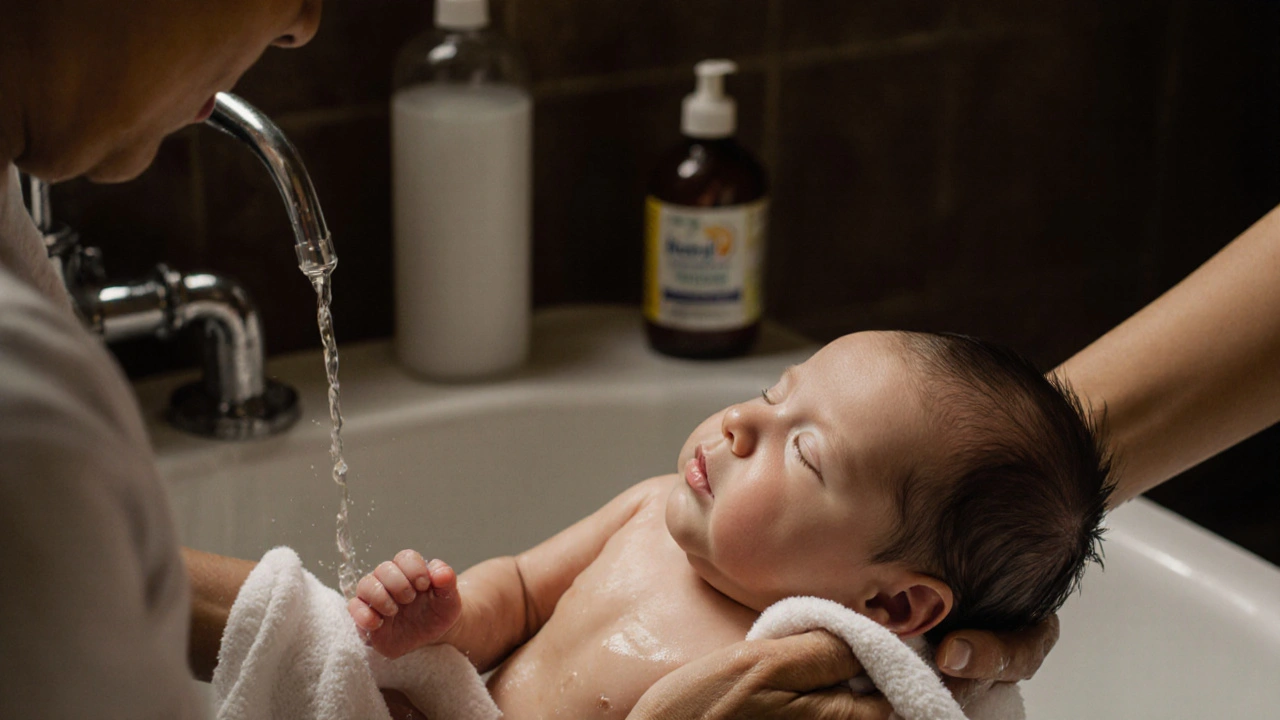 माता-पिता अपने हाथों में नवजात शिशु को नहला रहे हैं, केवल कपास के कपड़े का उपयोग करते हुए।