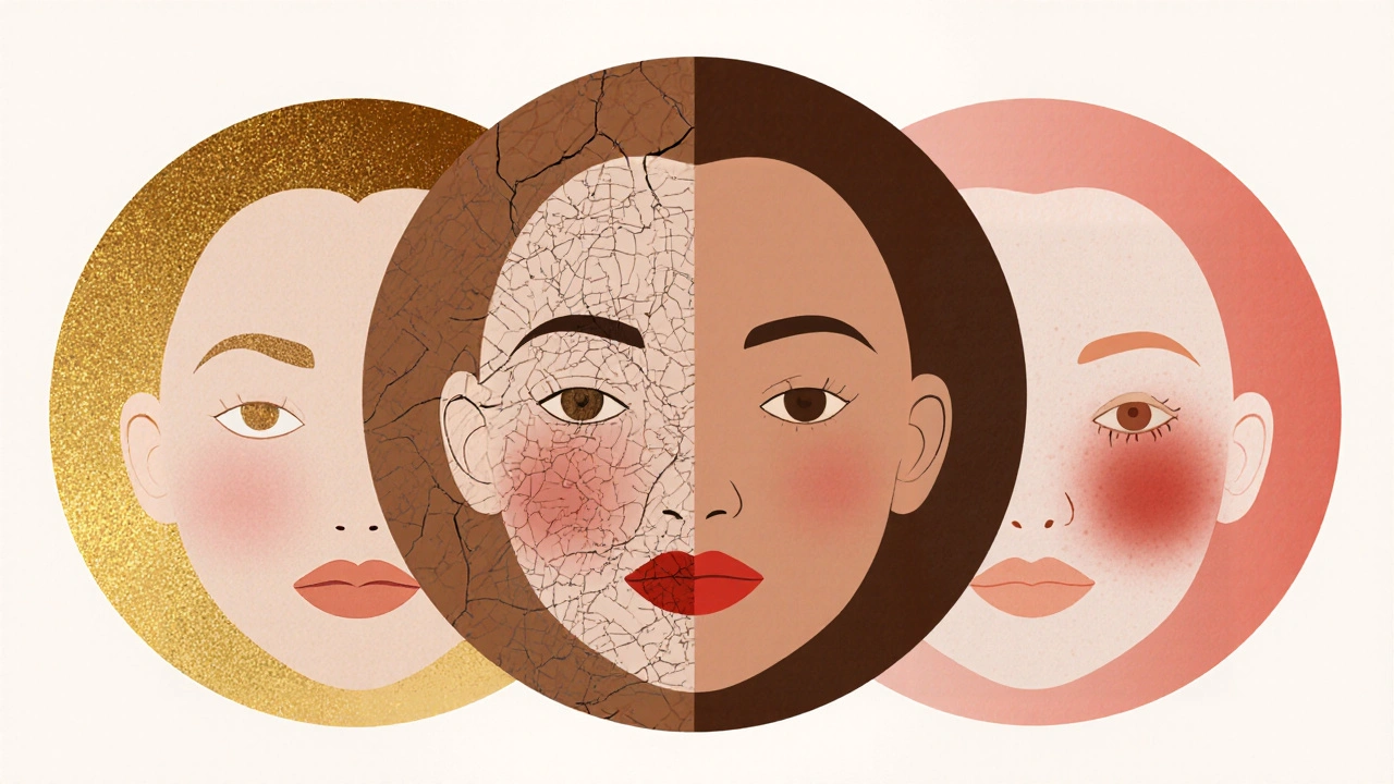 पाँच प्रकार की त्वचाएँ: तैलीय, शुष्क, मिश्रित, संवेदनशील और सामान्य, रंगीन आभा के साथ चित्रित।