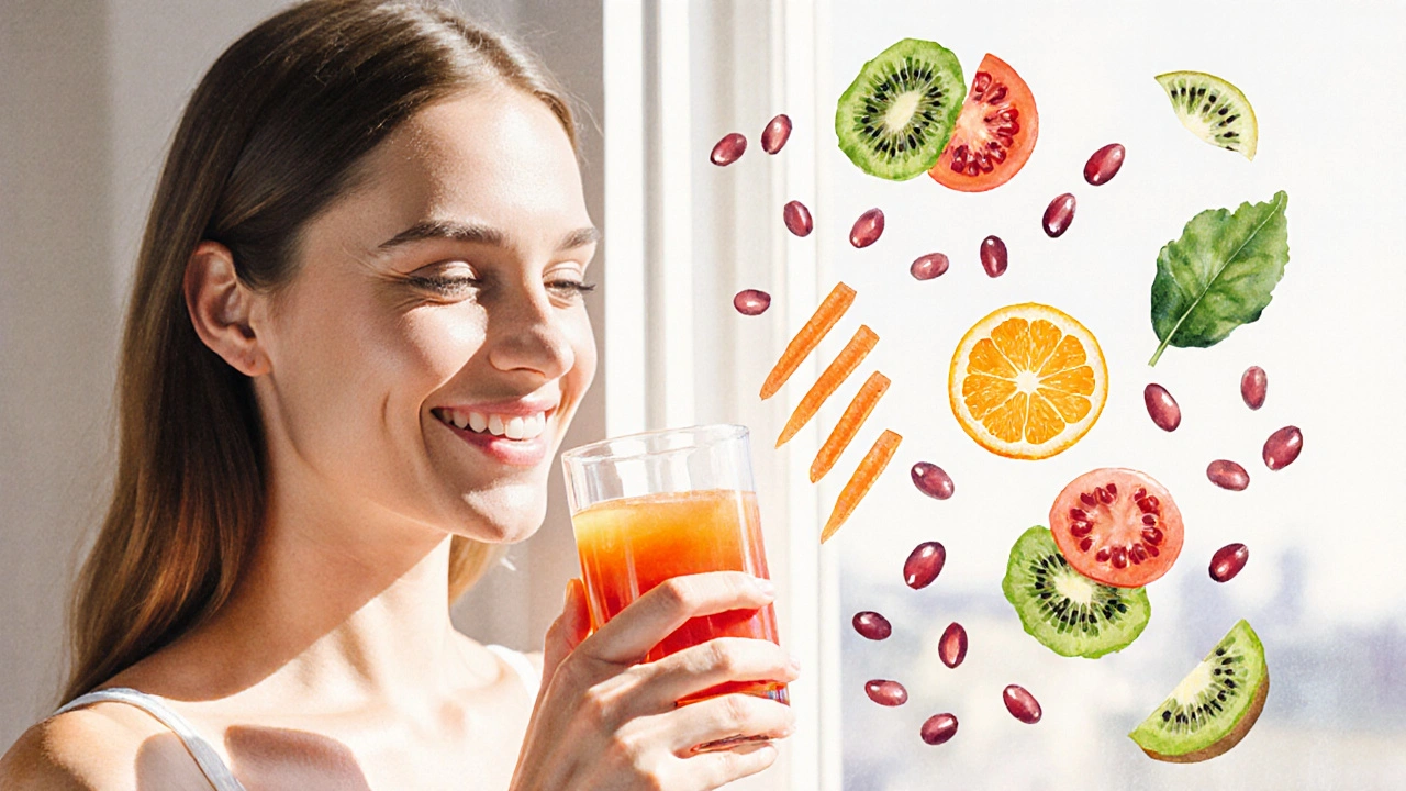 रात की रोशनी में चमकती त्वचा वाली महिला, हाथ में जूस का गिलास