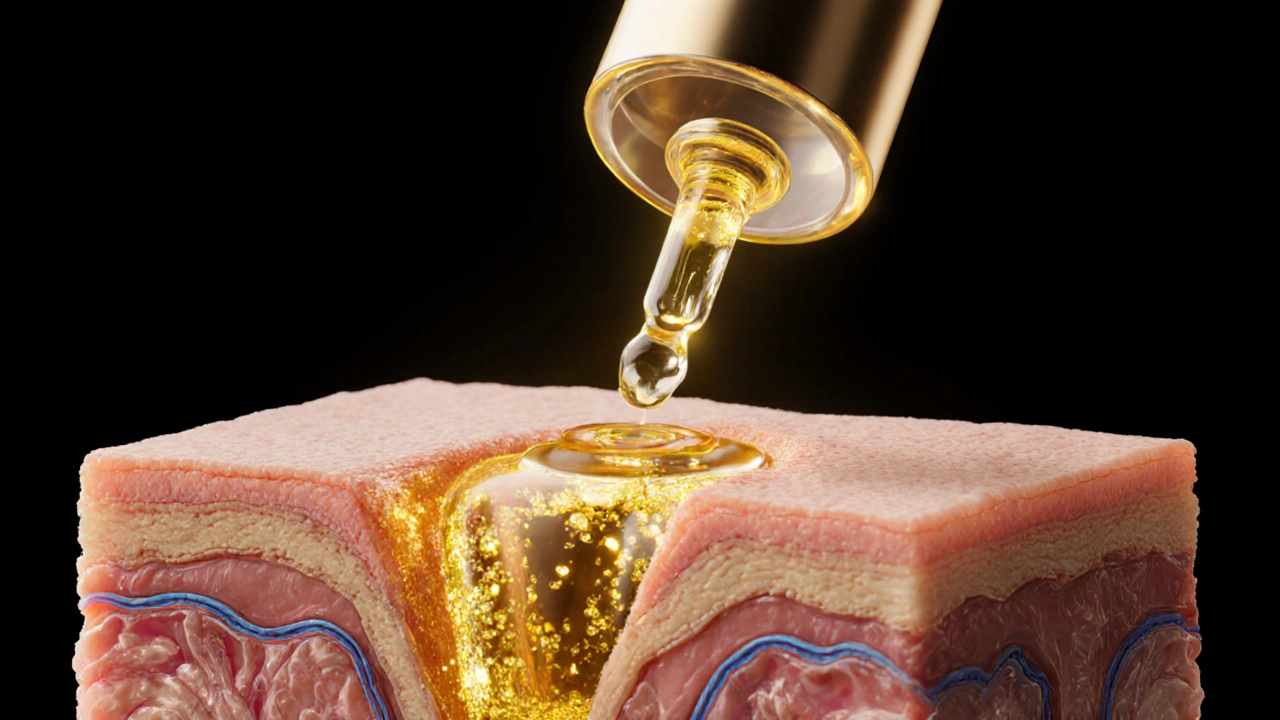 सीरम की गहरी त्वचा प्रवेश करते हुए चमकदार कण दिख रहे हैं।