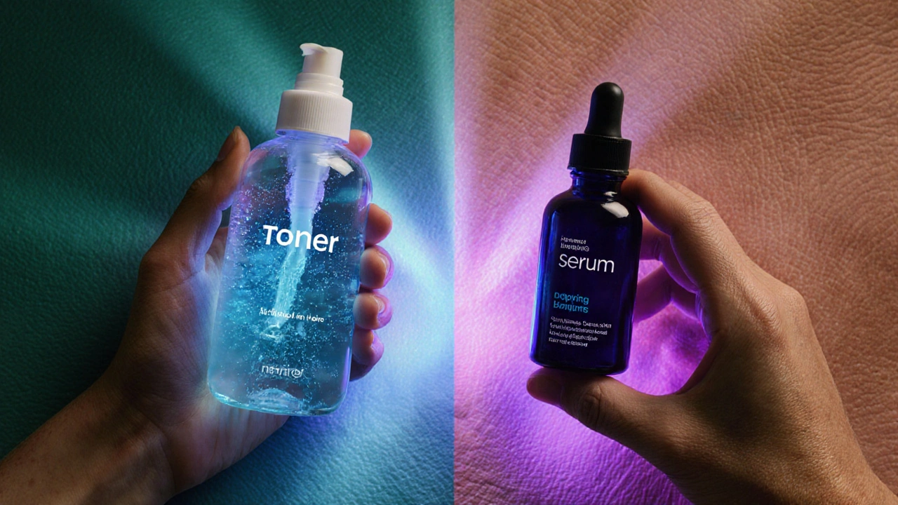 टोनर और सीरम की त्वचा पर अलग-अलग भूमिका का प्रतीकात्मक चित्र।
